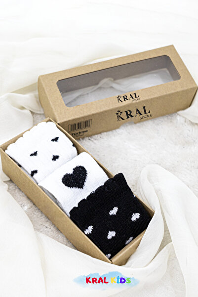 KRAL SOCKS 3 Pairs Boxed Heart Patterned Baby Socks - Long Cotton Socks Set / 6-18 Months