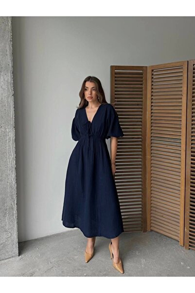 Lusin Kadın V Yaka Lacivert Müslin Kumaş Kısa Kol Elbise