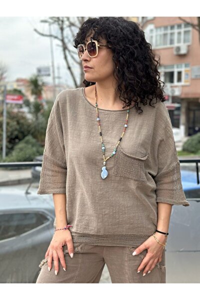 Seviliko Kadın Keten Bluz Kolları ve Eteği File Detaylı Cepli Oversize