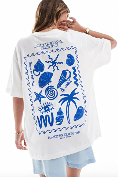 The Champ Clothing Γυναικείο λευκό υπερμεγέθη καλοκαιρινό μπλουζάκι – Le Soleil με κοχύλι και τροπική εκτύπωση στην πλάτη, άνετη εφαρμογή
