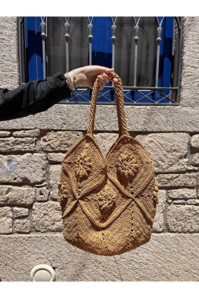 Verda Desing Geantă de plajă cu mâner de dimensiune medie, cu motiv, culoare paie, tricotată manual
