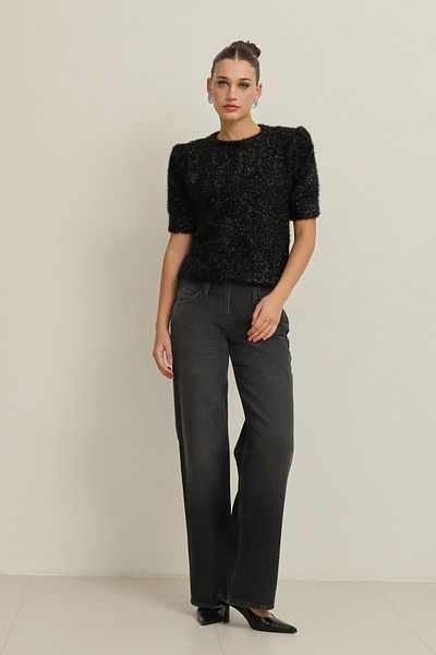 Amia&Co. Black Shiny Feather Textured Short Sleeve Sweater