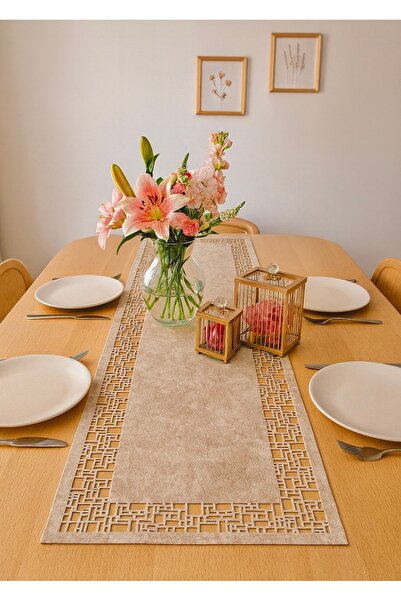 Ergüven Home عداء من جلد الغزال باللون البيج الداكن مع نمط هندسي رباعي - طول ...