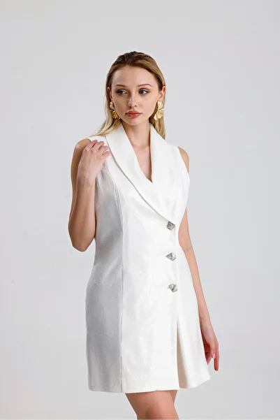 Sense Lined Pulpayet Jacket Collar Double Breasted Evening Dress Jacket Dress |   Elb36091 White