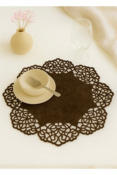 Ergüven Home Set rotund din piele intoarsa maro inchis VENGE - 35x35 cm, 6 bucati farfurie de serviciu american