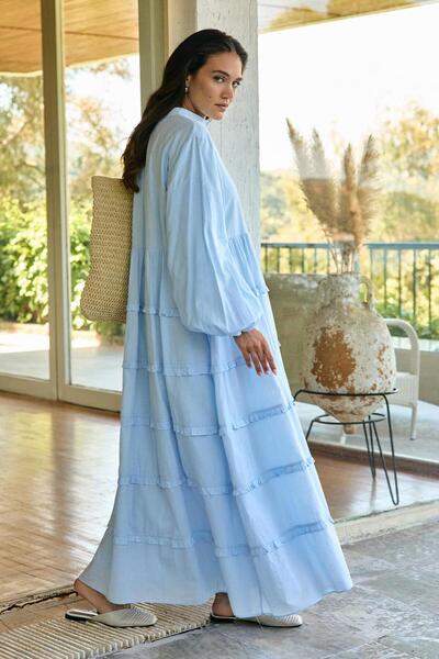 KADRİYE BAŞTÜRK Azur Vual Katlı Uzun Elbise Bebe Mavisi