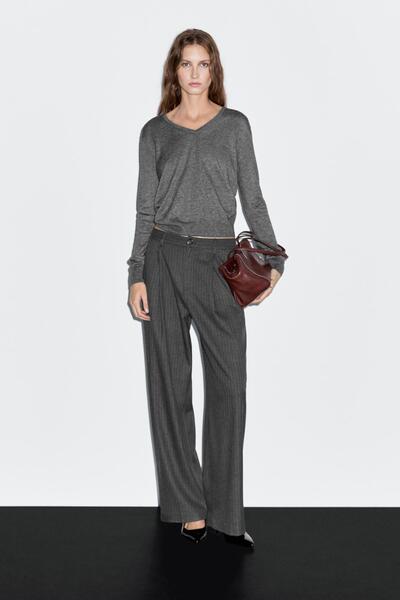 Massimo Dutti Orta bel geniş paça ince çizgili pantolon