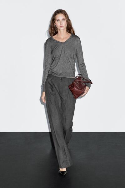 Massimo Dutti Orta bel geniş paça ince çizgili pantolon