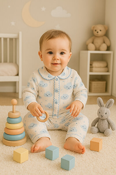 anne dokunuşu gibi KUZUM BEBE Blue Star Collar Cotton Fabric Double Baby Bodysuit Set