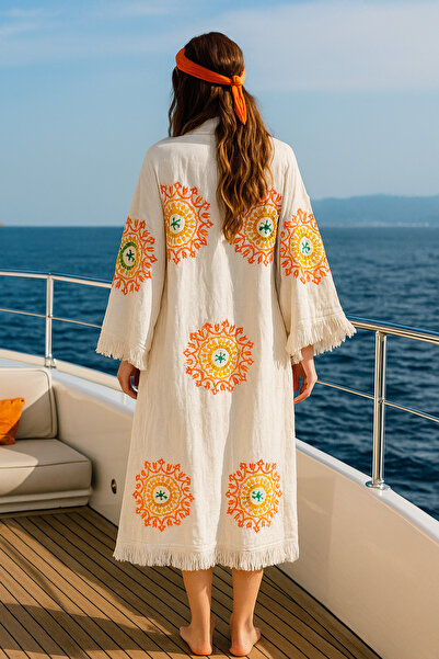 LaraLisa Collection 4 Layers Natural Muslin Cotton Fabric Chemical Treatment Unprocessed Hand Printed Kaftan Kimono Peshtemal Bathrobe