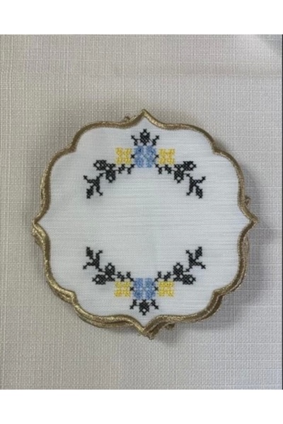 NİVEMESHOME Kanavi̇çe Embroidered Yellow-Blue Oval (6 Pcs) Linen Cocktail Servette Coffee so Presentation