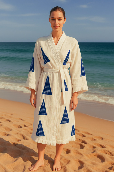 LaraLisa Collection 4 Layers Natural Muslin Cotton Fabric Chemical Treatment Unprocessed Hand Printed Kaftan Kimono Peshtemal Bathrobe