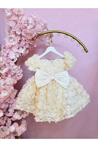 Hly Karol Tasarım Diana Krem Güllü Kız Bebek Elbisesi,Özel Dikim Çocuk Elbisesi, Doğum günü elbisesi, 0-12 Yaş