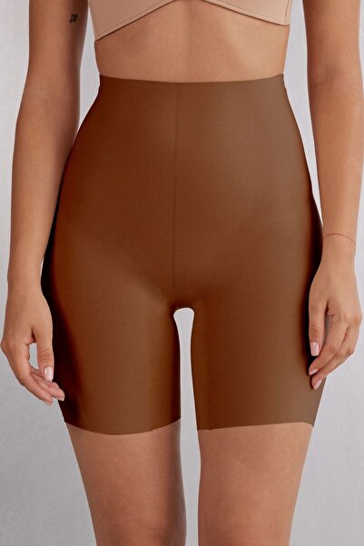 MİSTİRİK Anoky Model High Waist Stretch Fabric Waist Silicone Laser Cut Shorts Corset Coffee Color