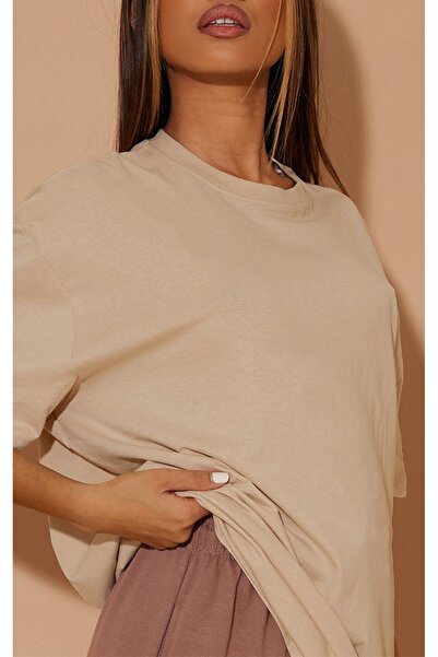 DUBU BUTİK Μπλουζάκι μονό ζέρσεϊ - Μπεζ κοντομάνικο μπλουζάκι με λαιμόκοψη
