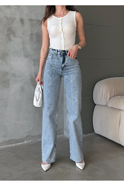 Bluezoni Pantaloni de blugi Palazzo drepti din denim cu efect de spălare cu zăpadă pentru femei, culoare albastră, cu piatră strălucitoare