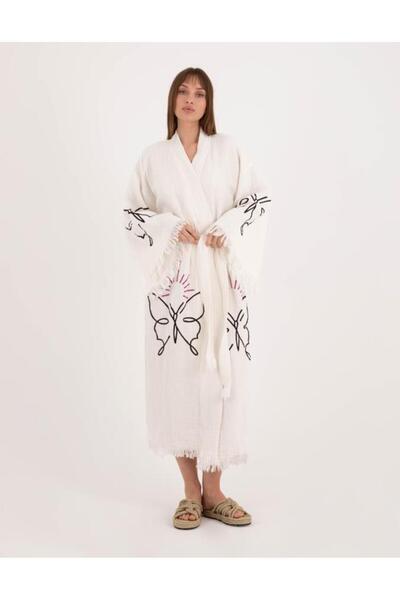 LaraLisa Collection 4 Layers Natural Muslin Cotton Fabric Chemical Treatment Unprocessed Hand Printed Kaftan Kimono Peshtemal Bathrobe