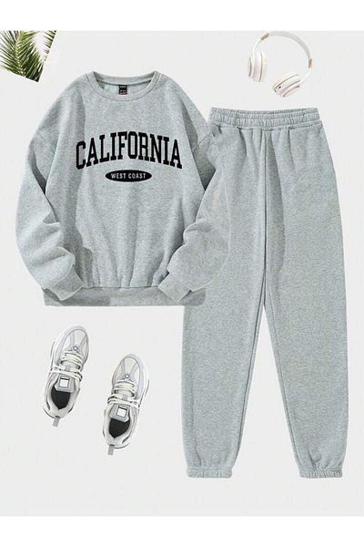 CLAYES California West Tracksuit Set Sweatshirt Jogger - Gray Printed Oversize Raised Crew Neck