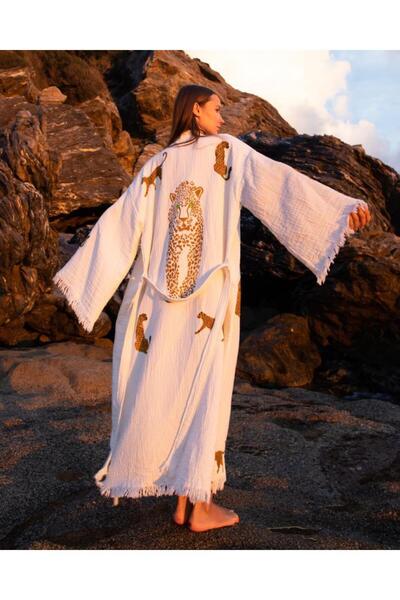 LaraLisa Collection 4 Layers Fabric Custom Print Leopard Pattern Natural Natural Muslin Kaftan Kimono Peshtemal Bathrobe