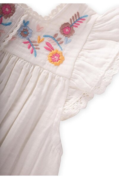 Cigit Nakışlı Organik Müslin Elbise 2-8 Yaş Ekru