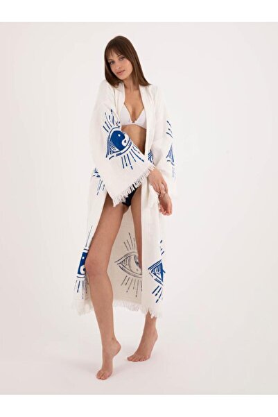 LaraLisa 4 Layer Fabric Special Print Patterned Natural Natural Muslin Kaftan Kimono Peshtemal Bathrobe