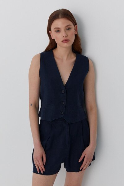 MARKALİSTE Cepkenli Shorts Linen Suit Navy Blue