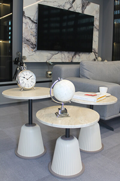 DECORAMİS Milano Zigon Sehpa Traverten Mdf - Zigon Sehpa 3'lü