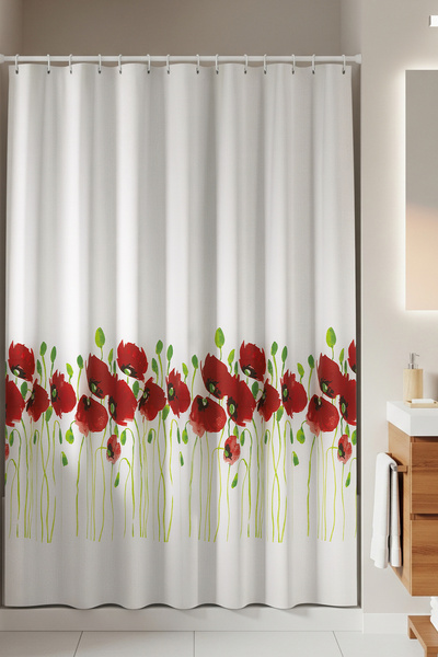 Tropikhome Gelincik Desen Kırmızı Banyo Perdesi-tek Kanat Duş Perdesi, 180x20...