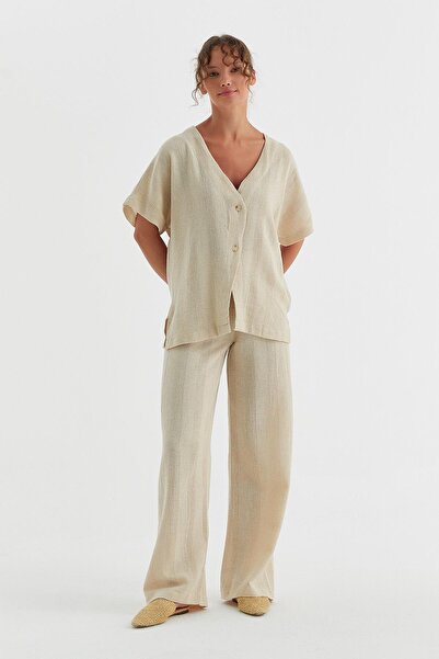 MARKALİSTE Beige Color Straw Linen Shirt and Trousers Set
