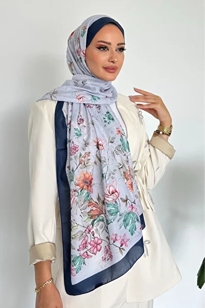 Stella Eşarp Flowers Floral Patterned Navy Blue Color Soft Cotton Shawl