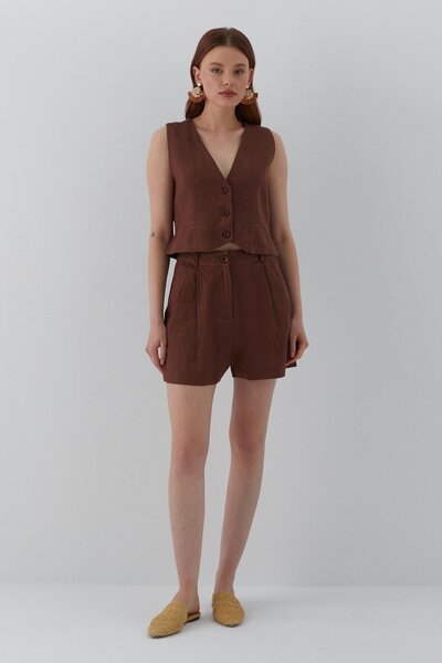 MARKALİSTE طقم كتان مع شورت كيبكين بني