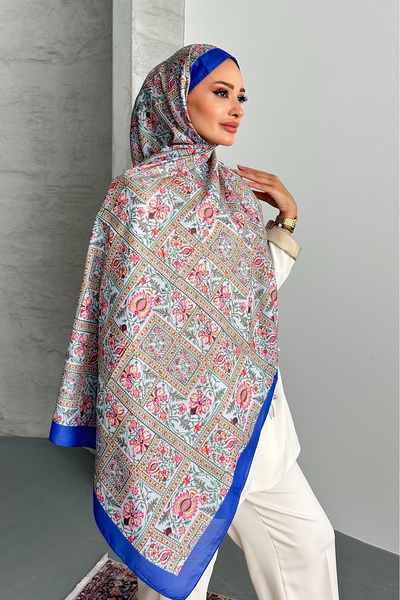 Stella Eşarp Retro Ethnic Pattern Blue Color Soft Cotton Shawl