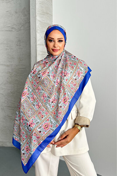 Stella Eşarp Retro Ethnic Pattern Blue Color Soft Cotton Shawl