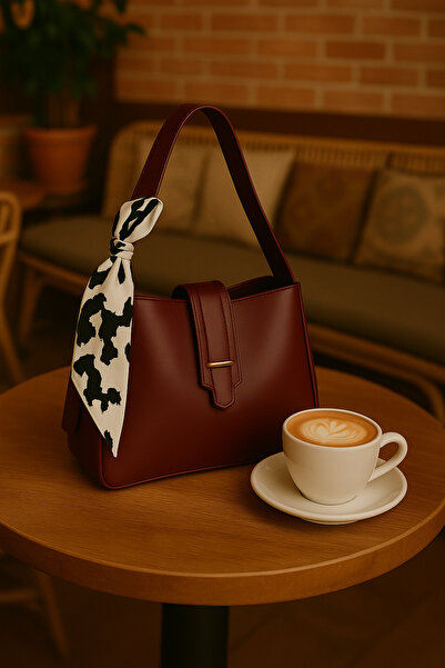 NOTHING Women's Burgundy Belt Detailed Scarf Gift Hand and Shoulder Bag Leona