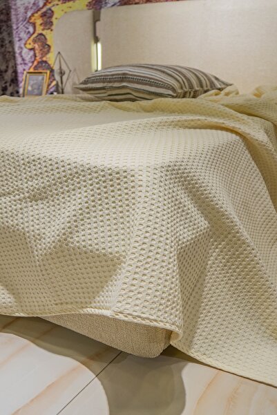 Muteks Premium %100 Pamuk Çift Kişilik Yazlık Pike, Yatak Örtüsü, Terletmez Kumaş(KREM RENK)(240X200CM)