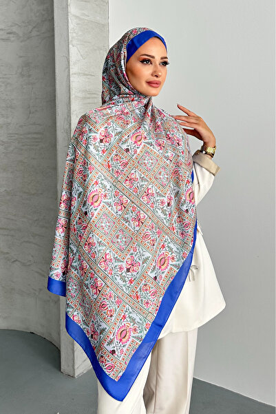 Stella Eşarp Retro Ethnic Pattern Blue Color Soft Cotton Shawl
