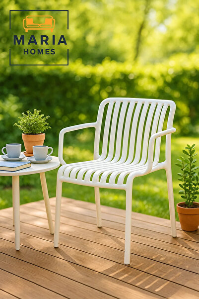 MARIA HOMES White Plastic Armchair with Slatted Design – Stackable Outdoor Ch...