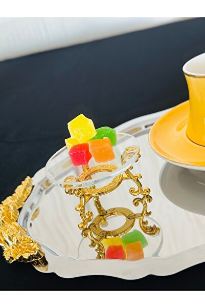 Genel Markalar 4 Adet Çay Ve Kahve Yanı Lokumluk, Makaronluk, Şekerlik Özel Cam Sunumluk Gold (6X6CM)