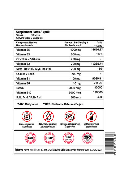 Validus B Complex Citicoline 250 Mg B 12 3000 Mcg Myo-ınositol 200 Mg Choline 200 Mg 90 Capsules