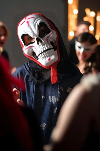 BeySüS Cadılar Bayramı Halloween Maske İskelet Tüllü Kırmızı Beyaz