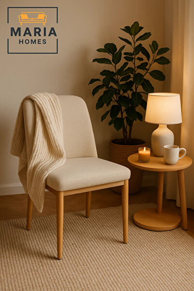 MARIA HOMES Beige Upholstered Dining Chair with Wooden Legs – Elegant Padded Chair for Home or Office