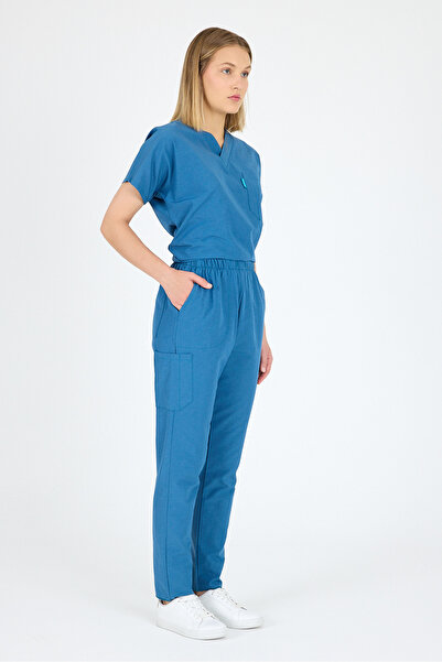 KARGA ÜNİFORMA Costum albastru petrol, unisex, cu mâneci liliac, pentru asistentă medicală și medic, uniformă pentru spital