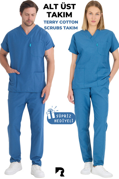 KARGA ÜNİFORMA Costum albastru petrol, unisex, cu mâneci liliac, pentru asistentă medicală și medic, uniformă pentru spital