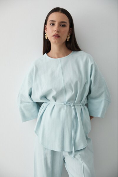 JASTE Жіночий синій льняний оверсайз топ і штани з еластичним низом, комплект