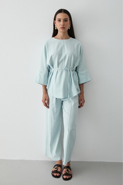 JASTE Жіночий синій льняний оверсайз топ і штани з еластичним низом, комплект