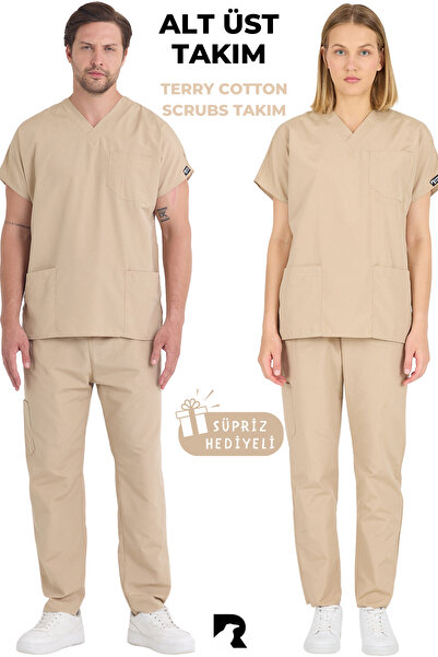 KARGA ÜNİFORMA بدلة بيج من القطن تيري للجنسين زي موحد للممرضات والأطباء ملابس جراحية