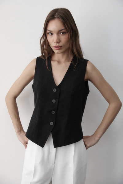 JASTE Women's Black Lined Button Detailed Linen Vest