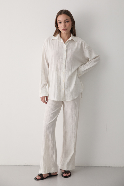 JASTE Women's Ecru Oversize Linen Shirt & Trousers Set with Laces