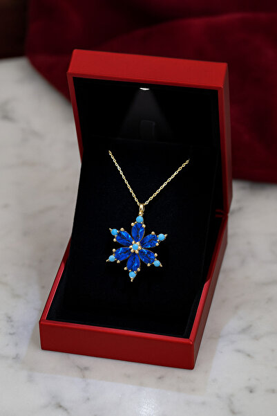 KAR DİAMOND 14 Ayar Altın Zincirli Mavi Damla Taşlı Lotus Çiçeği Kolye - Sertifikalı Işıklı Hediye Kutulu