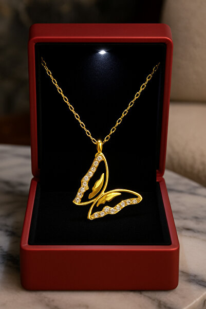 KAR DİAMOND 925 Ayar Gümüş Altın Kaplama Zirkon Taşlı Kelebek Kadın Kolye - S...